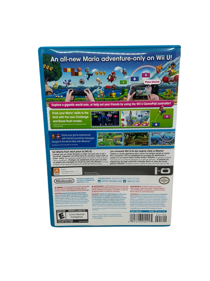 Back cover of a Mario game for Wii U with colorful graphics and text.