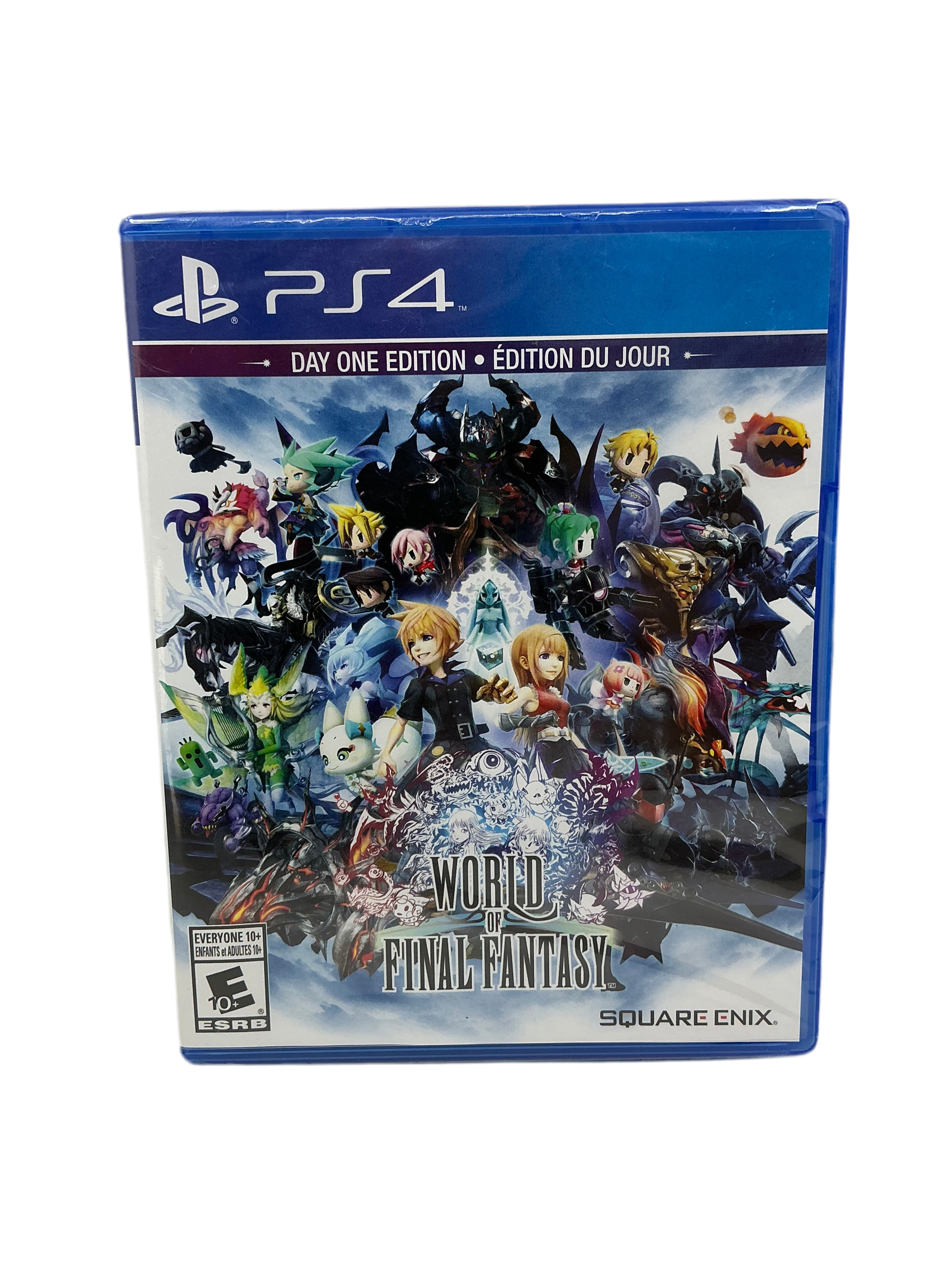 PS4 game console with 'World of Final Fantasy' packaging featuring characters and branding.