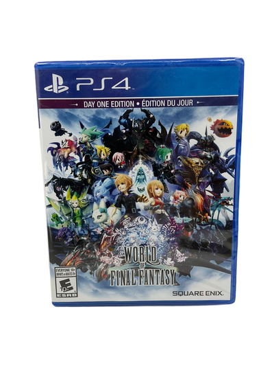 PS4 game console with 'World of Final Fantasy' packaging featuring characters and branding.