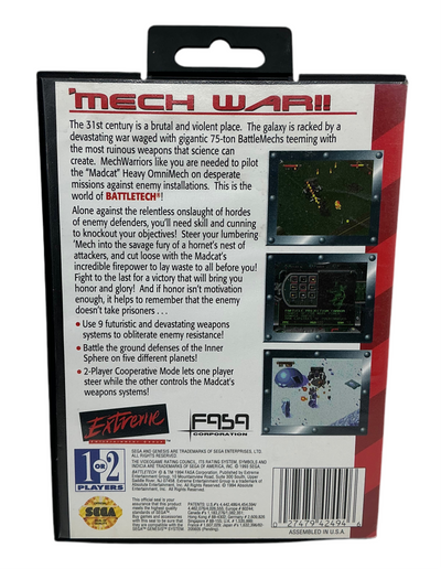 Back of 'BattleTech' video game box with text and graphics.