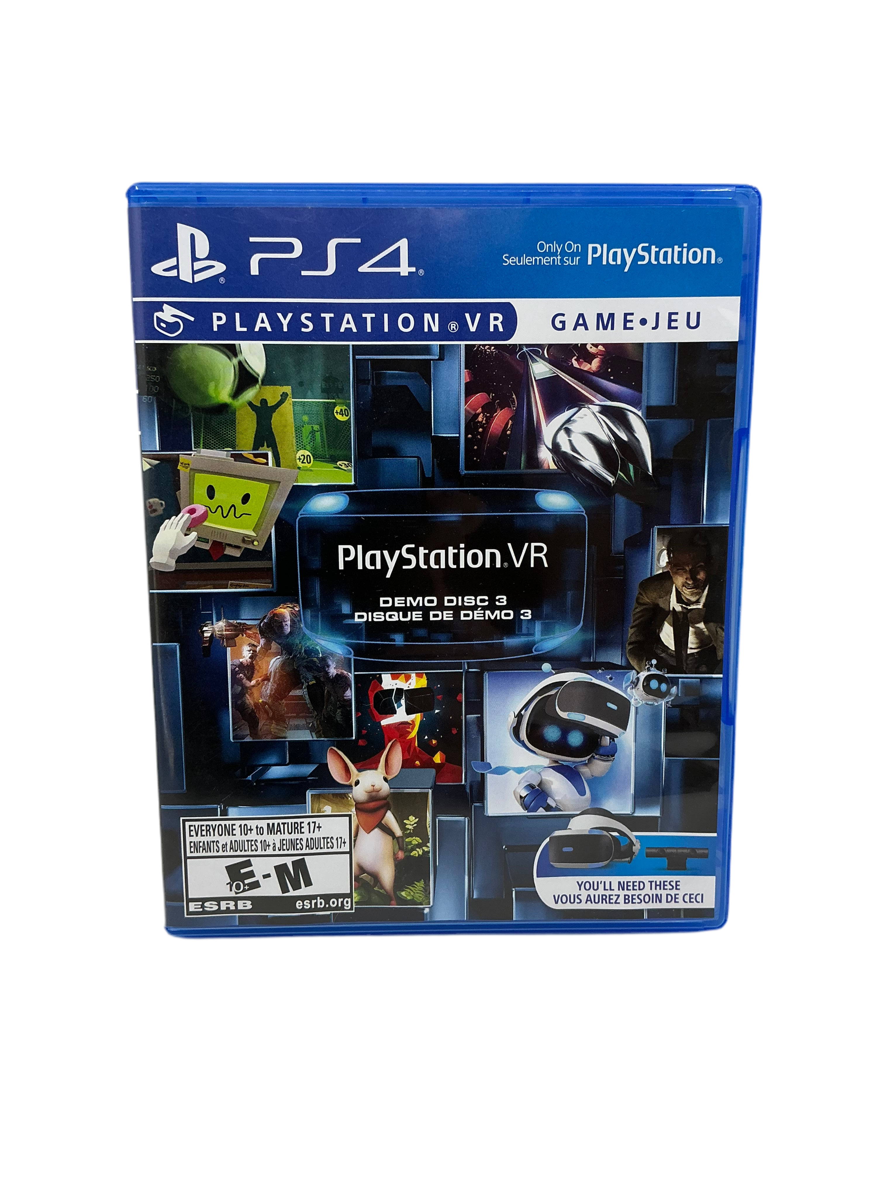 PlayStation VR demo disc packaging with various game graphics on a white background