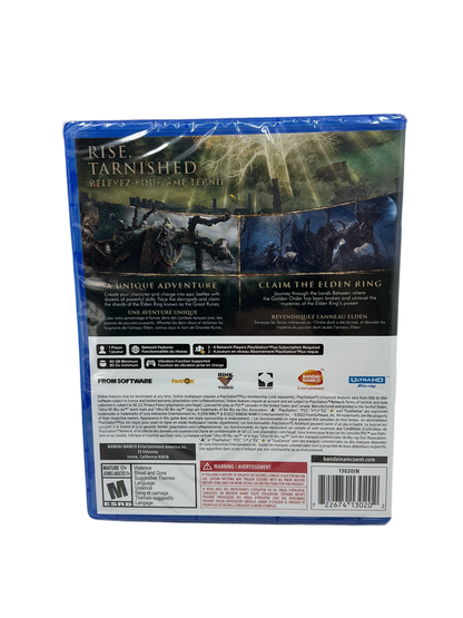 Back cover of Elden Ring video game box for Playstation 5 on a transparent background.