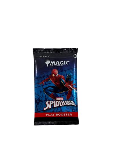 A single booster pack of Magic the Gathering’s collaboration with Marvel’s Spider-Man. The packaging features Spider-Man himself on a blue background.