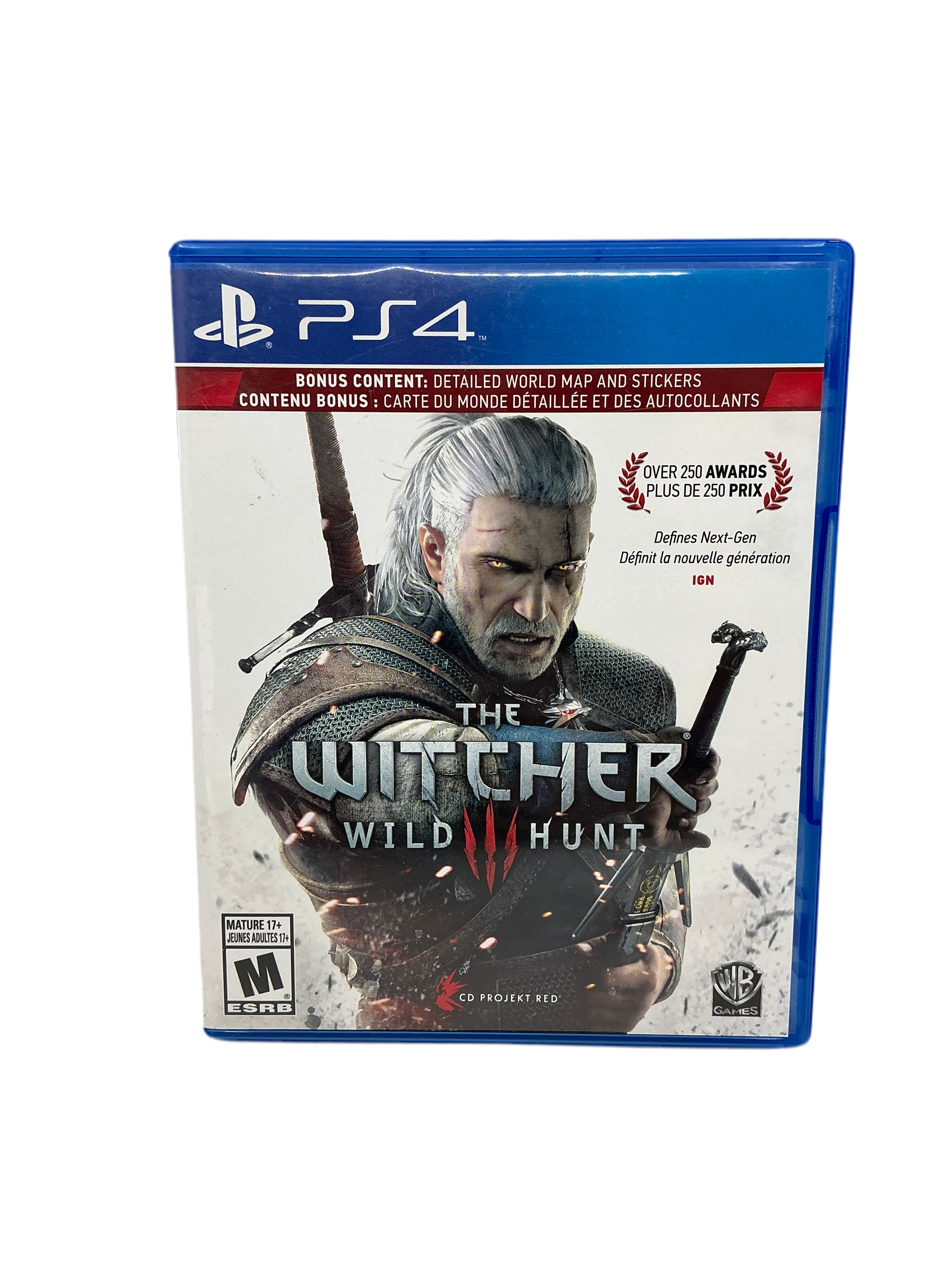 Game case for 'The Witcher 3: Wild Hunt' on PS4 with character artwork and branding.