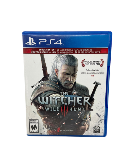 Game case for 'The Witcher 3: Wild Hunt' on PS4 with character artwork and branding.