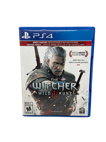 Game case for 'The Witcher 3: Wild Hunt' on PS4 with character artwork and branding.