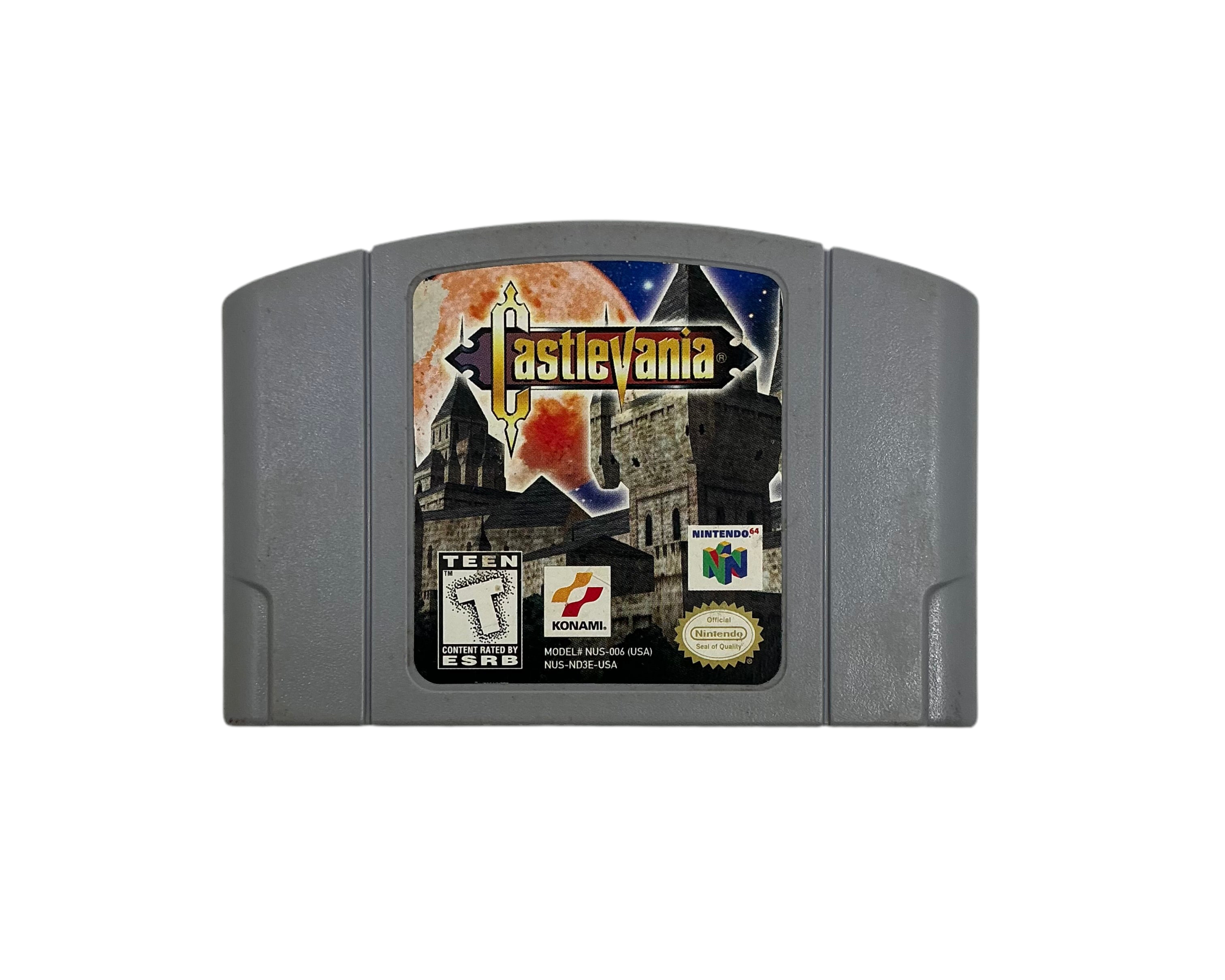 Front side of a classic videogame cartridge for N64 with the Castlevania sticker and logo.