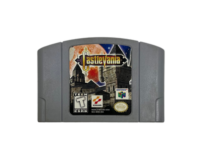 Front side of a classic videogame cartridge for N64 with the Castlevania sticker and logo.