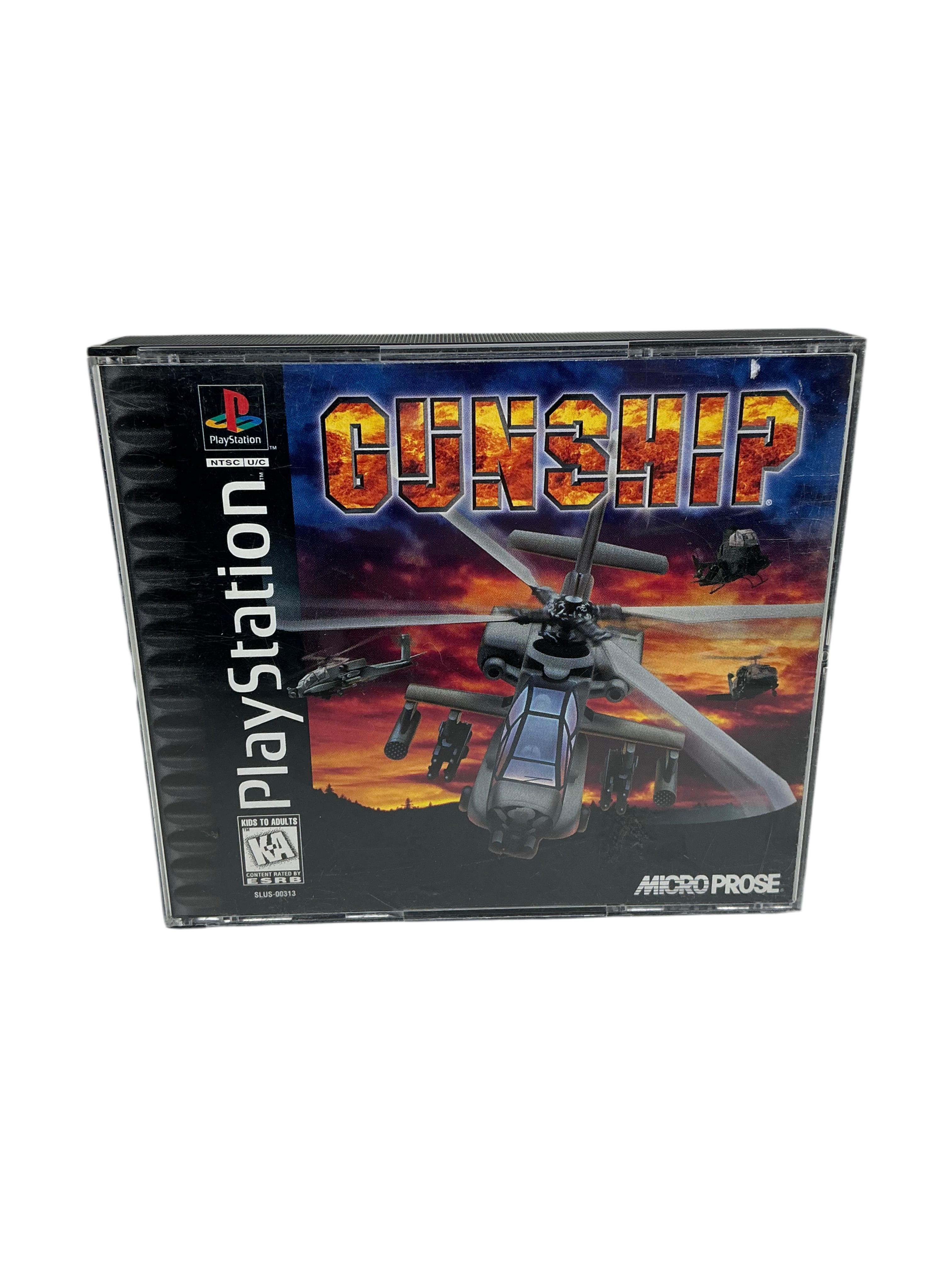 Front cover of Gunship game case for PlayStation on a transparent background.