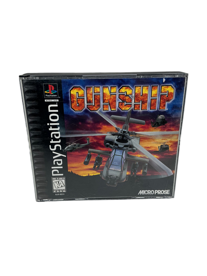Front cover of Gunship game case for PlayStation on a transparent background.