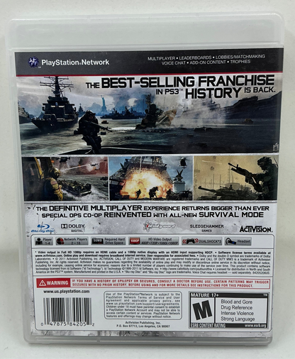 Back cover of Call of Duty Modern Warfare 3 game with military-themed graphics and text.