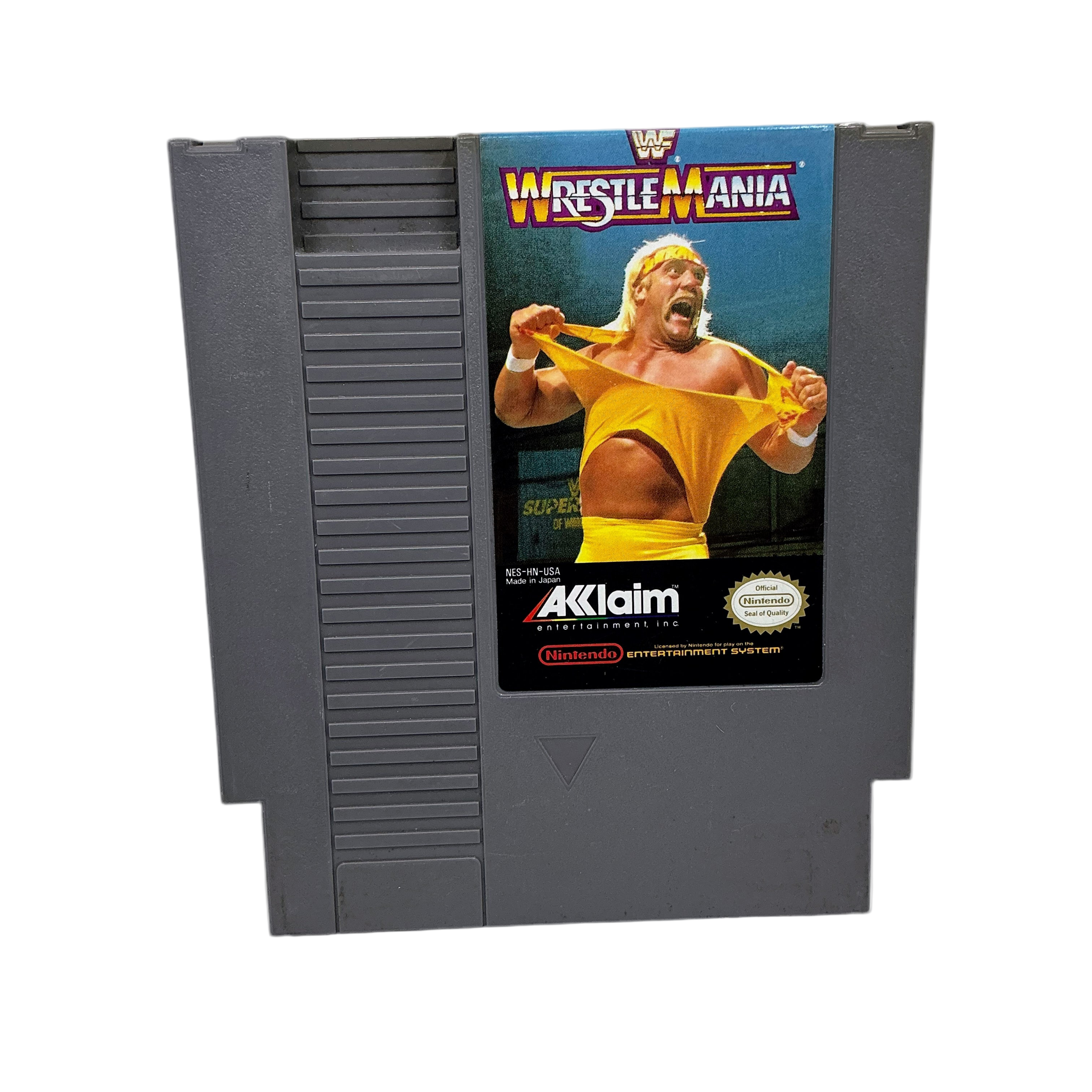 WrestleMania Nintendo Entertainment System game cartridge with wrestler on cover