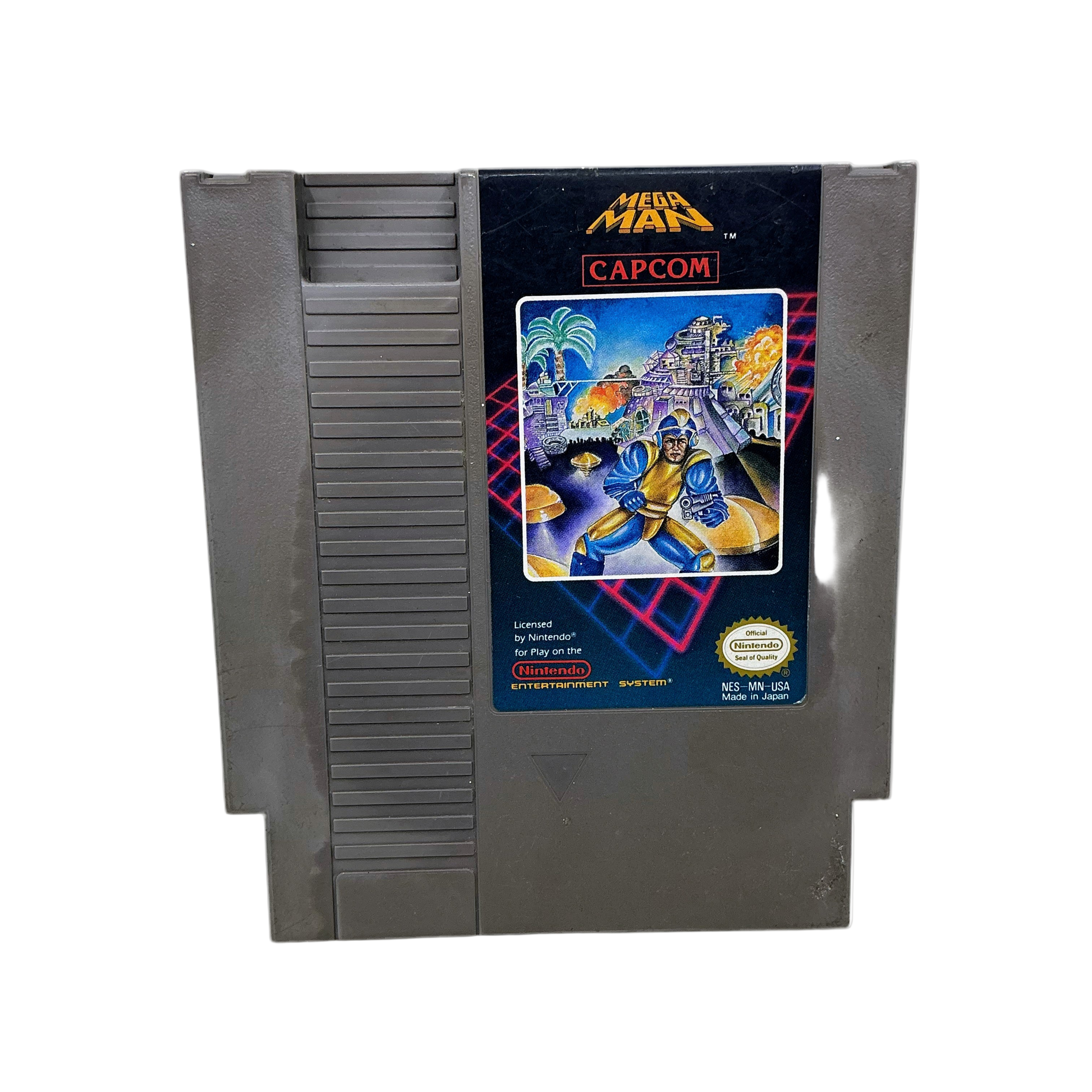Vintage Mega Man game cartridge for Nintendo Entertainment System with Capcom branding.