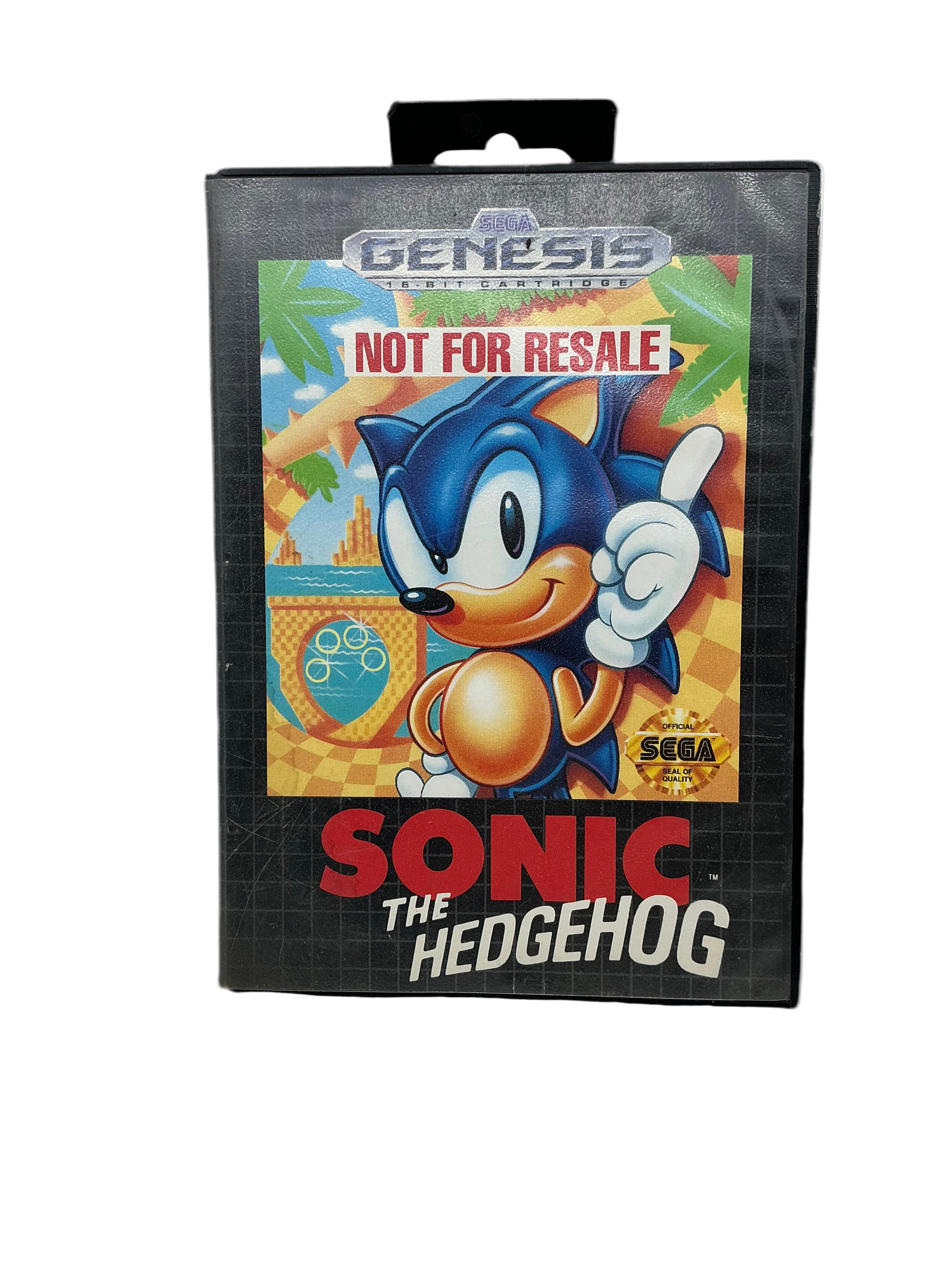 Sonic the Hedgehog game cartridge for Sega Genesis on a white background