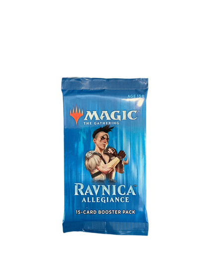A single booster pack of Magic the Gathering’s Ravnica™ Allegiance featuring a strong woman flexing her arms in a fighting pose.