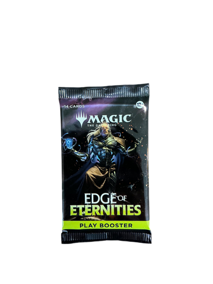 A Magic the Gathering Edge of Eternities booster pack featuring a space warlock floating in front of galaxies on the cover art.