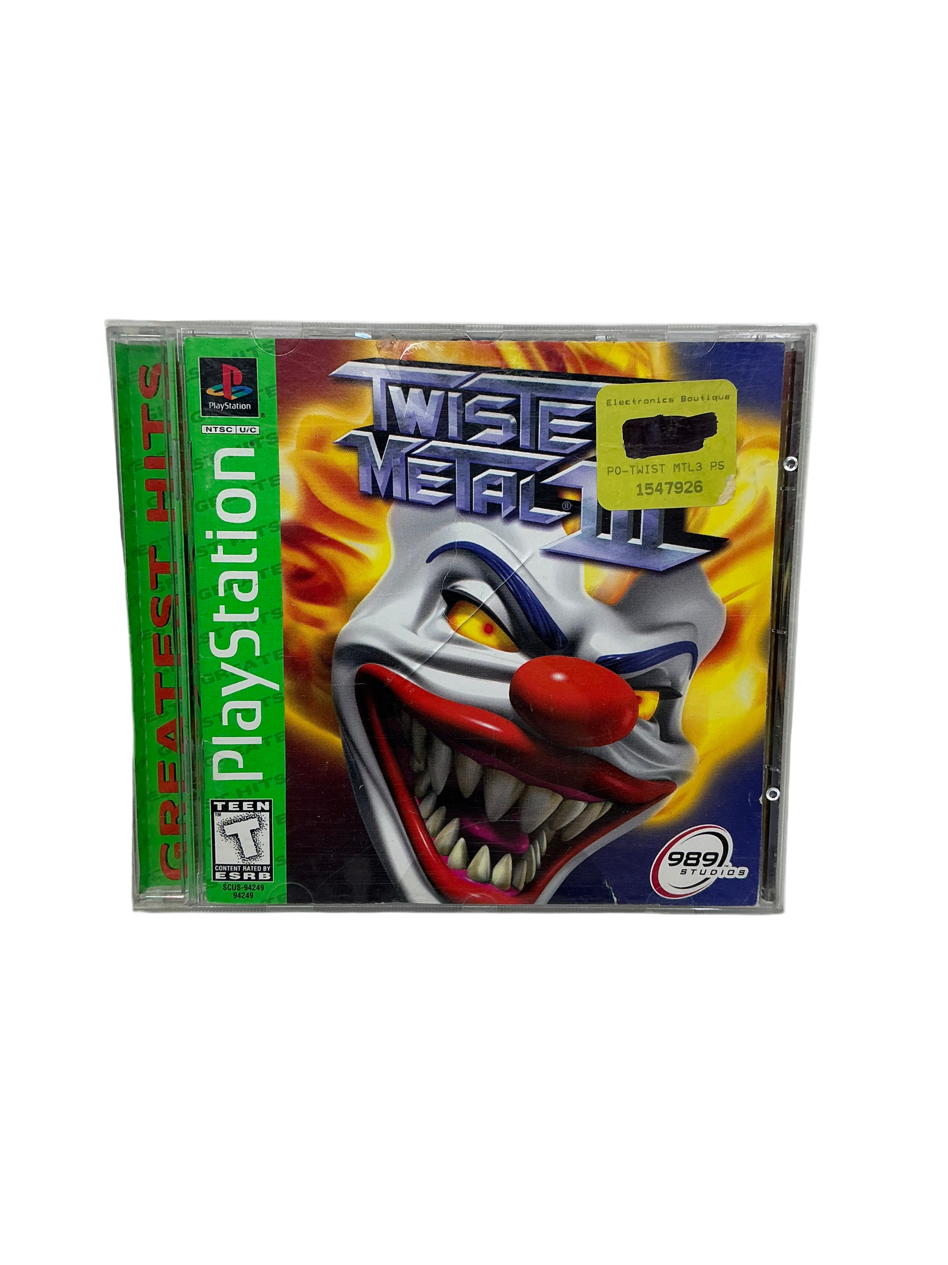 PlayStation game case with clown graphic and 'Twisted Metal' text on a transparent background.