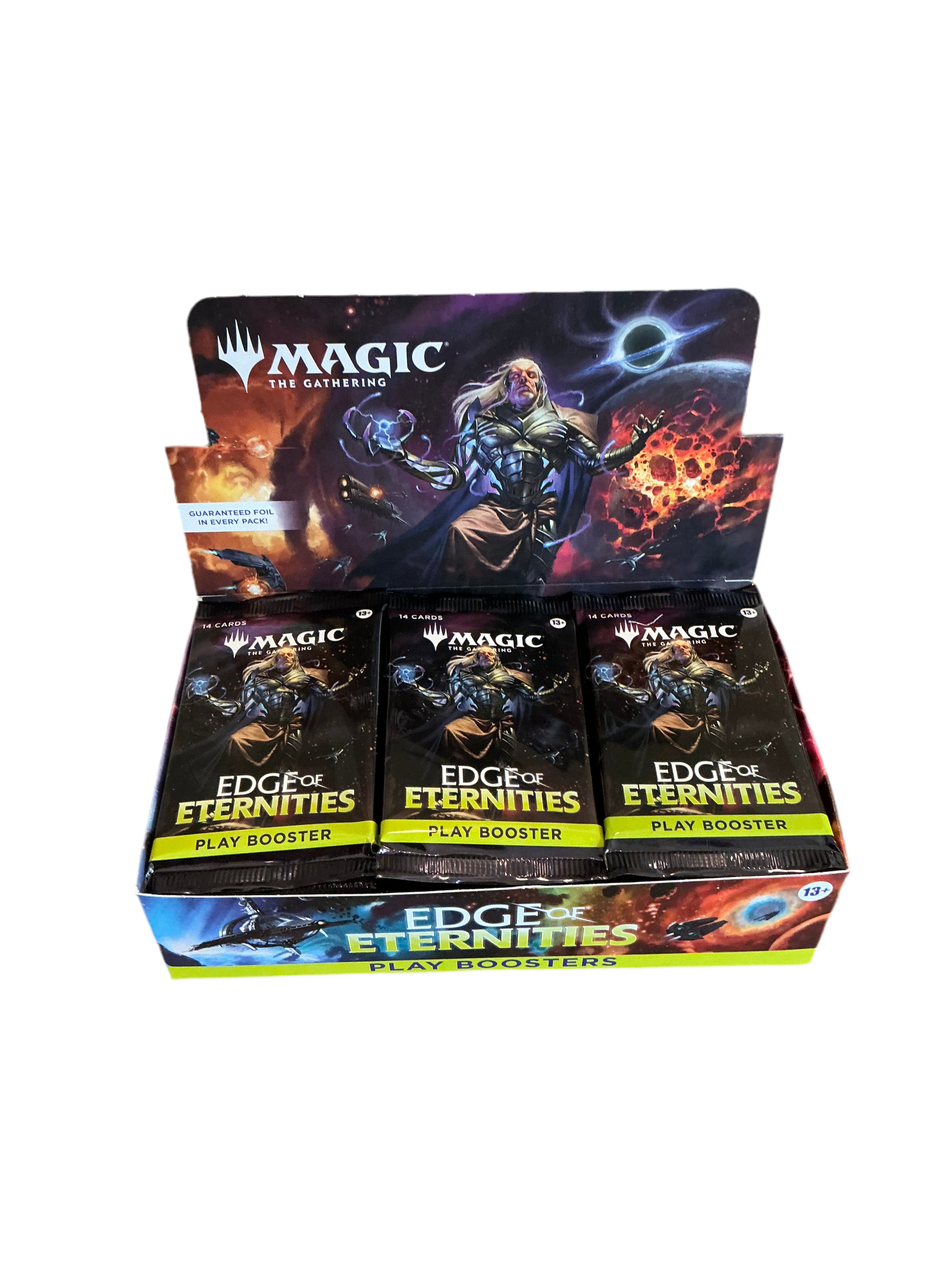 An open booster box of Magic the Gathering Edge of Eternities full of booster packs.