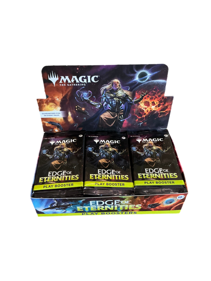 An open booster box of Magic the Gathering Edge of Eternities full of booster packs.