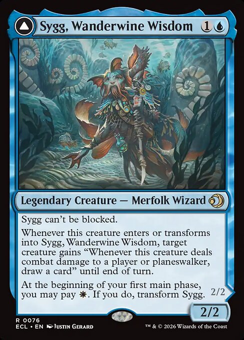 Sygg, Wanderwine Wisdom // Sygg, Wanderbrine Shield card from the Lorwyn Eclipsed set