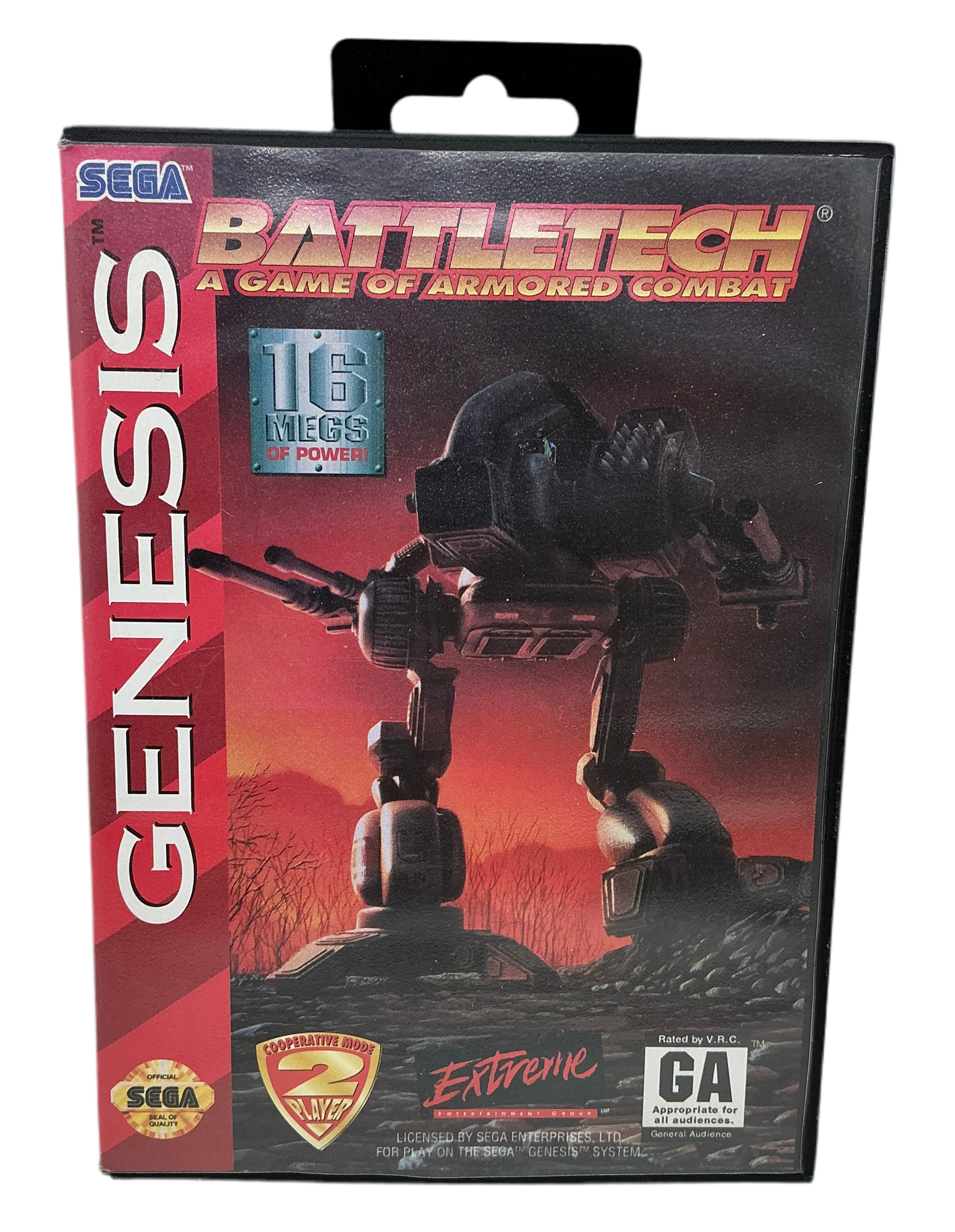 Vintage 'Battletech' Genesis game box with robot illustration on a white background