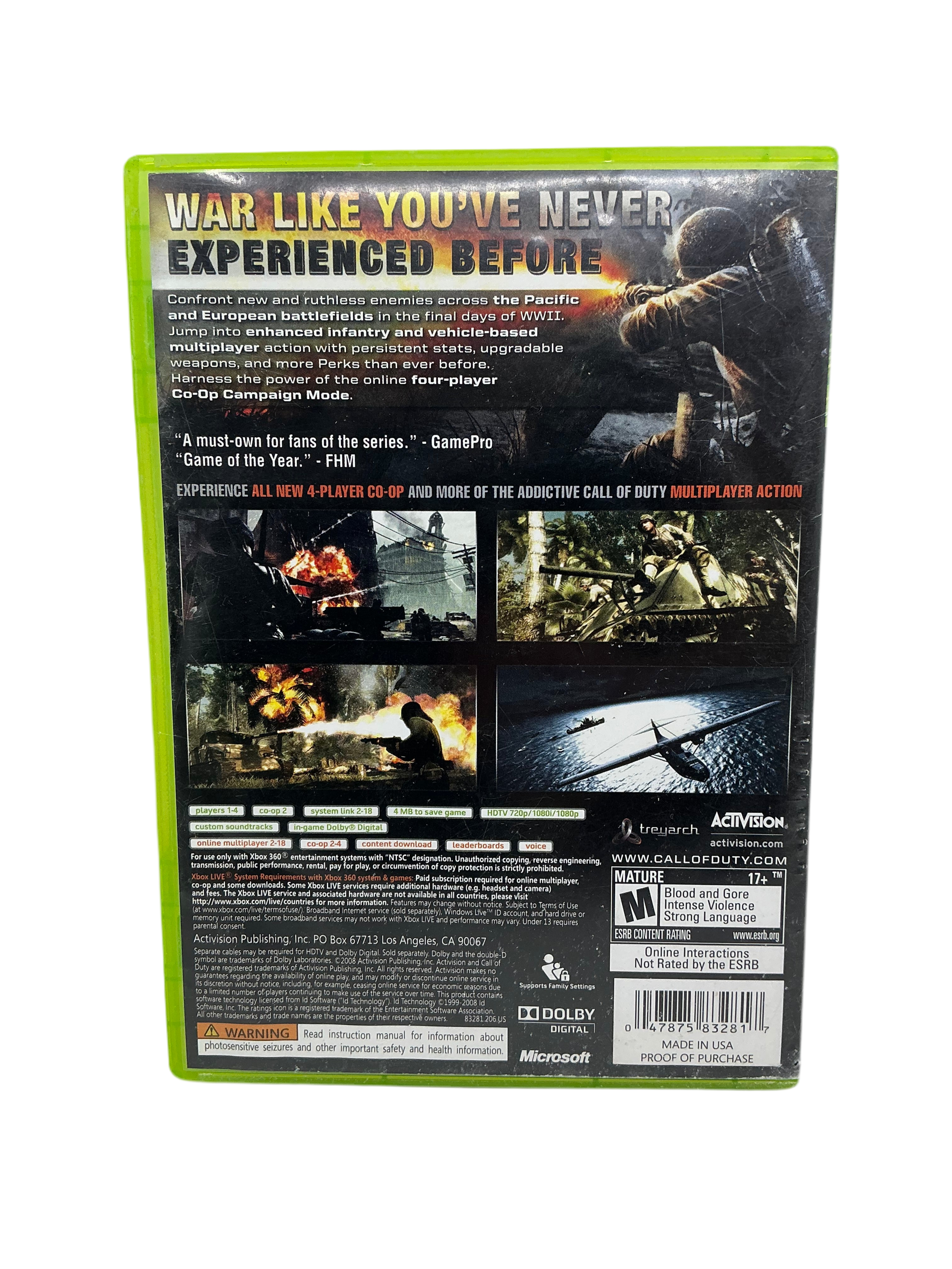 Back of Call of Duty World at War video game case with military-themed graphics and text on a white background