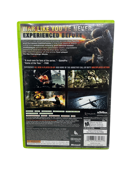 Back of Call of Duty World at War video game case with military-themed graphics and text on a white background