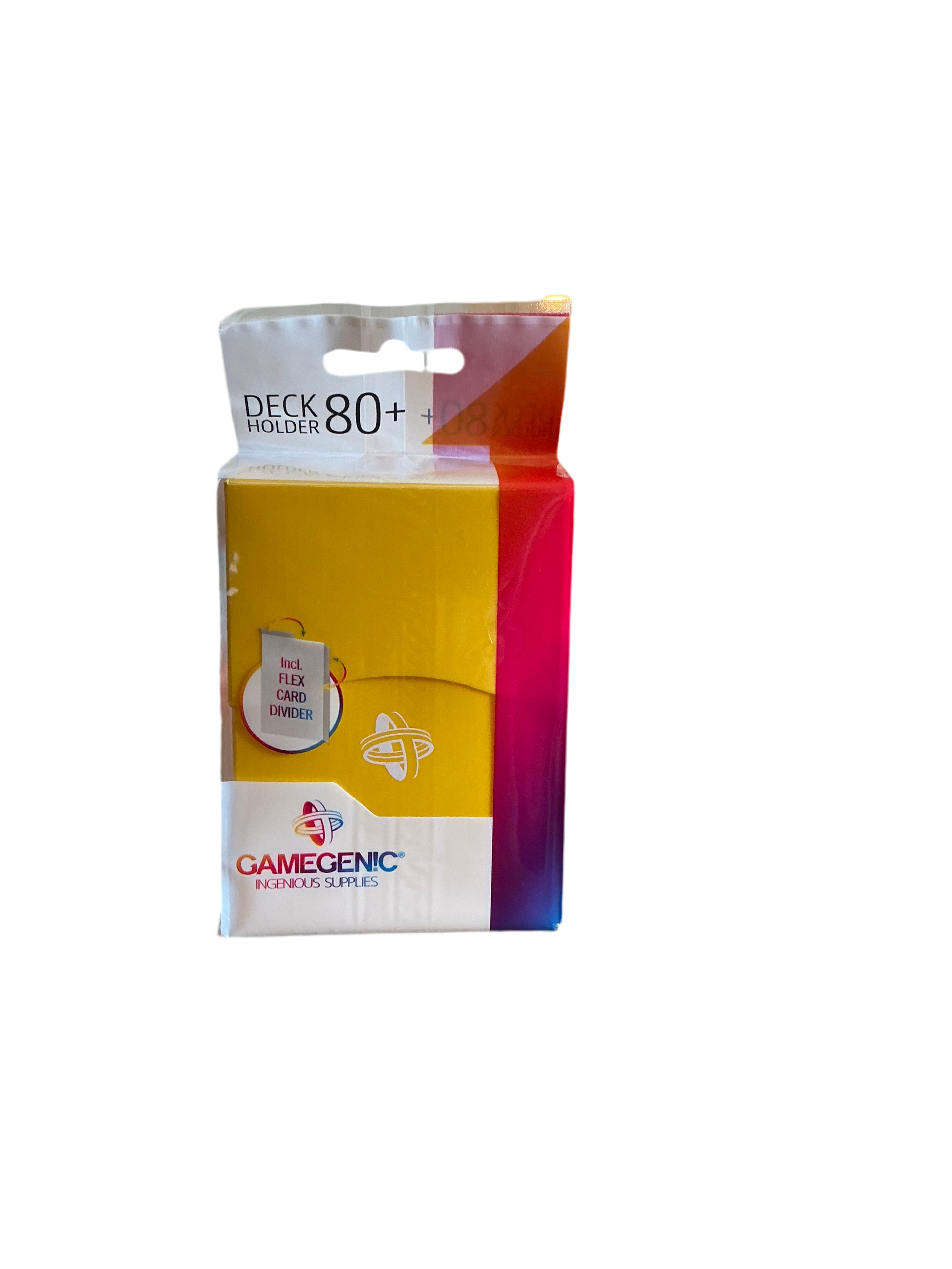 A packaged yellow GameGenic deck holder for trading cards.