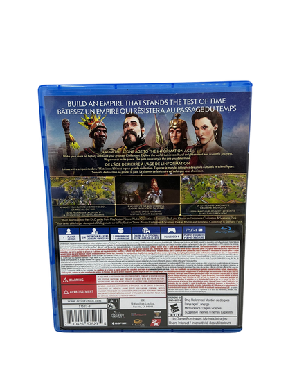 Back cover of a Civilization VI video game packaging with characters and text on a blue border