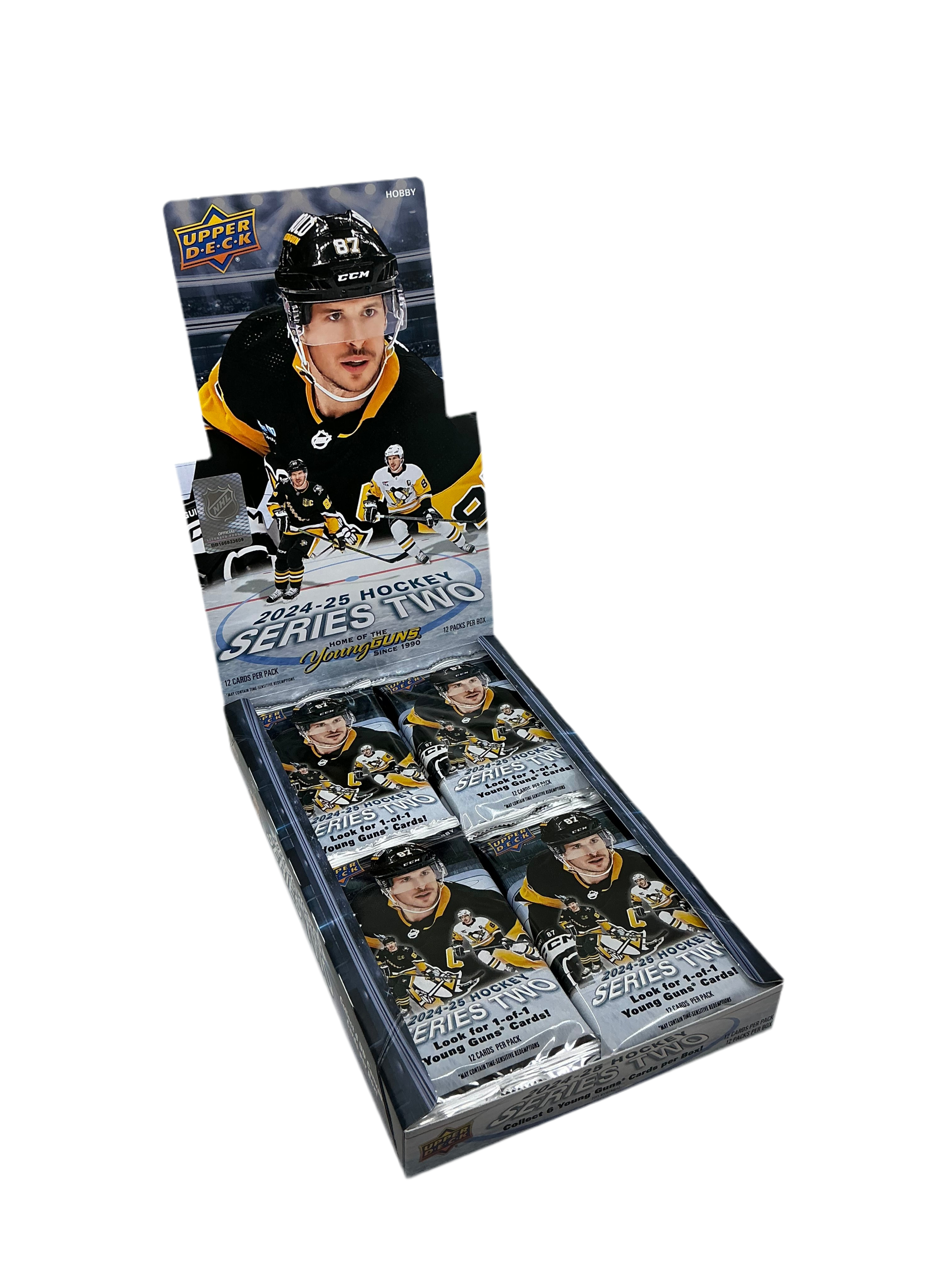 A newly-opened 12 pack of 2024-2025 Upper Deck Hockey Series Two trading cards.