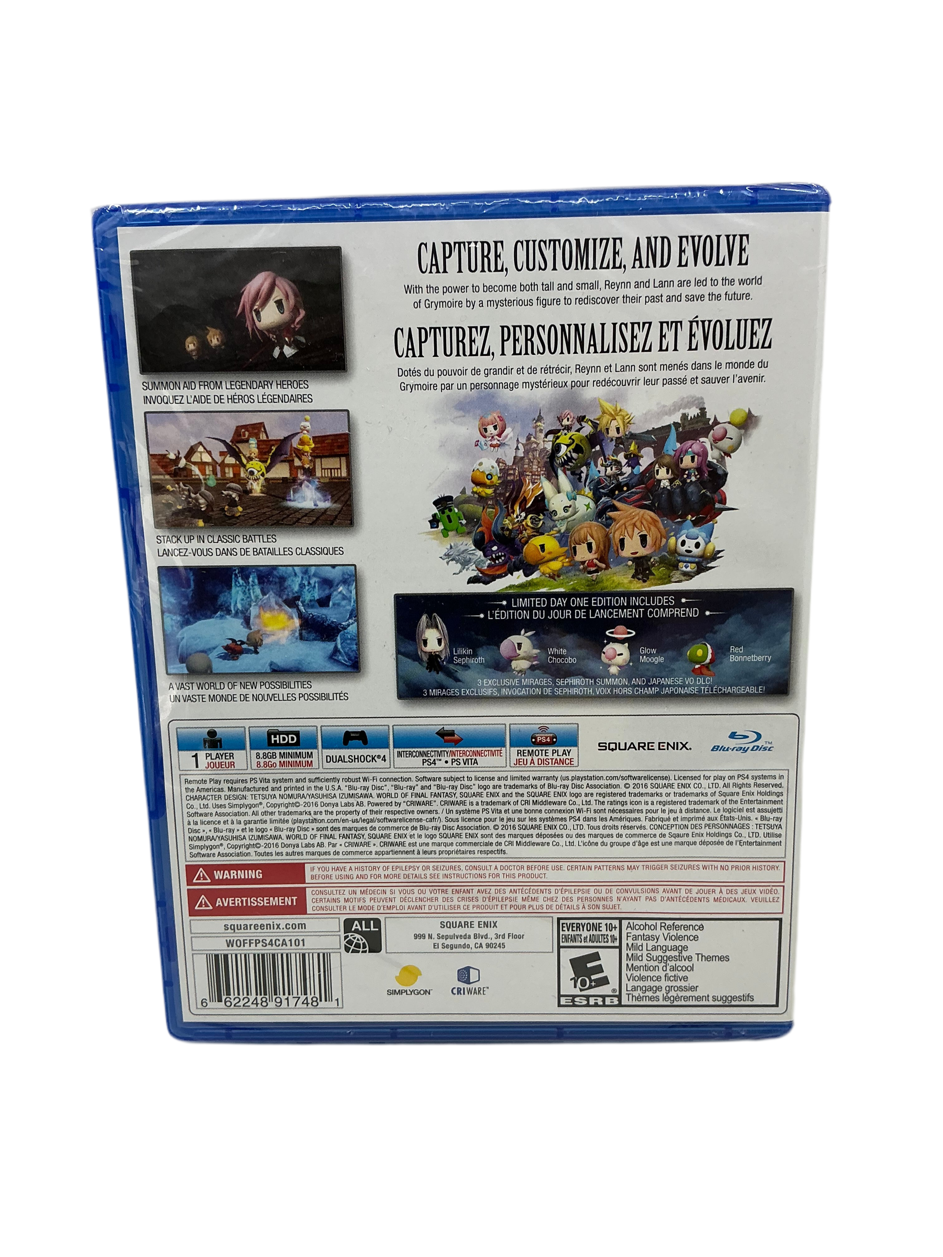 Back cover of the World of Final Fantasy video game case with character illustrations and text.