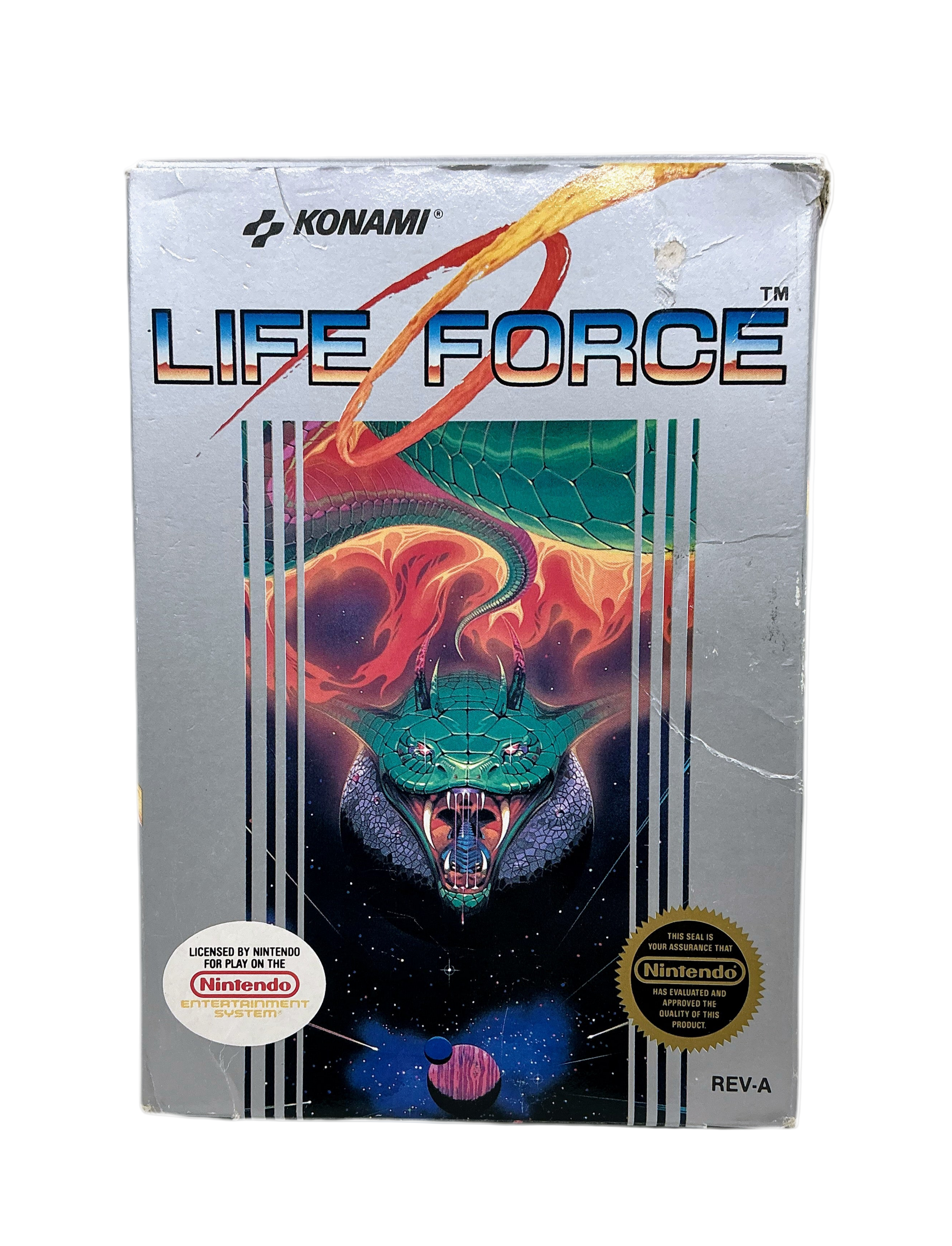 Vintage 'Life Force' Konami video game box with colorful design and branding.
