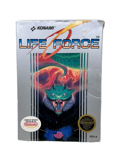 Vintage 'Life Force' Konami video game box with colorful design and branding.