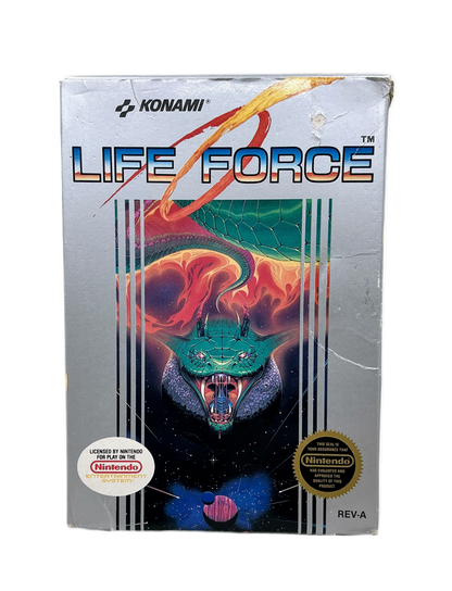 Vintage 'Life Force' Konami video game box with colorful design and branding.