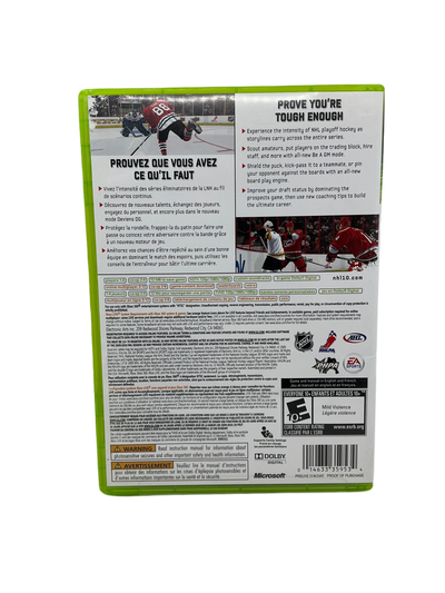 Back cover of the NHL 10 game disc for XBox 360 on a transparent background.