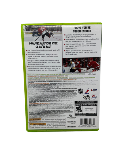 Back cover of the NHL 10 game disc for XBox 360 on a transparent background.