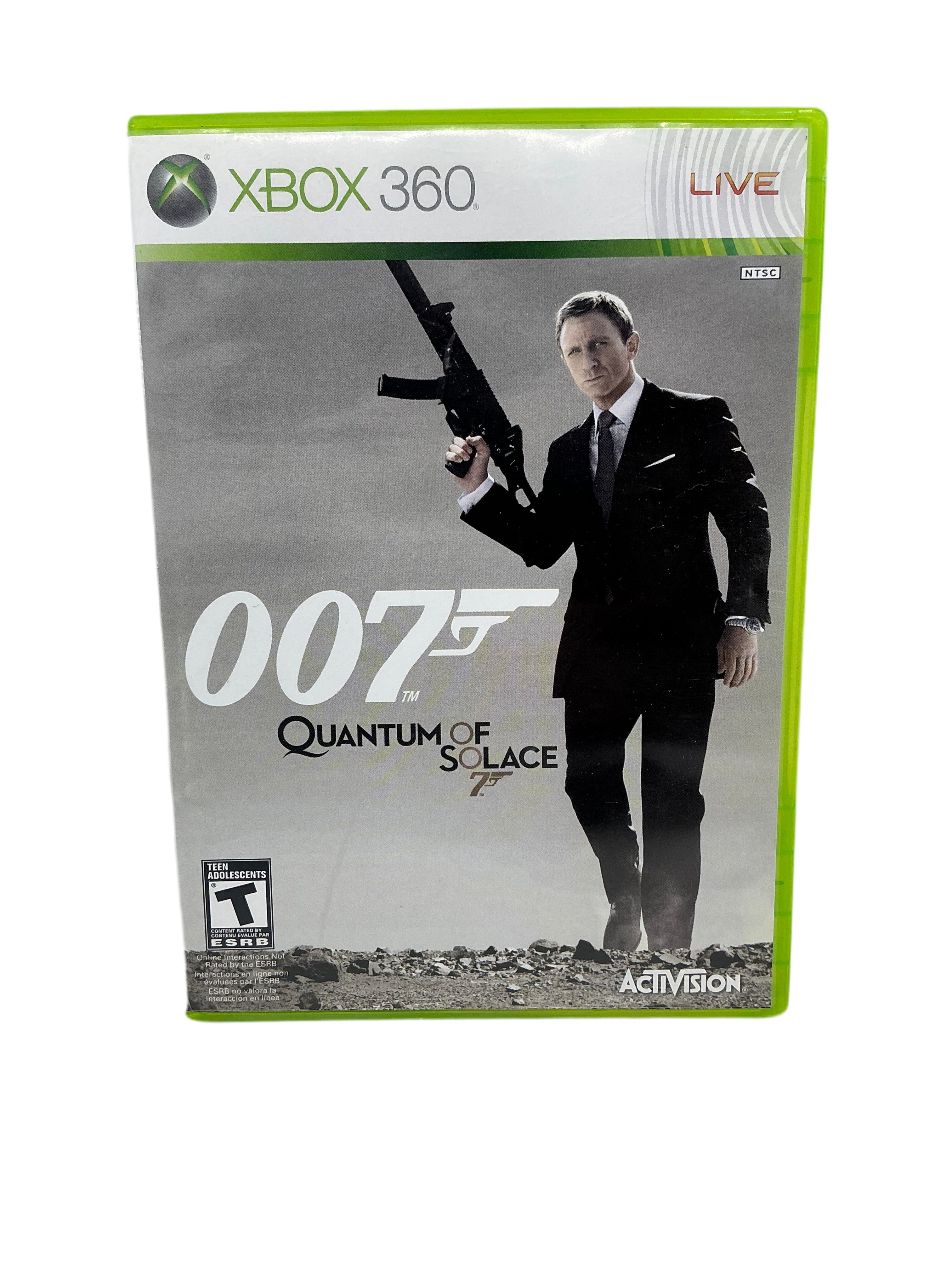 Xbox 360 game case for '007 Quantum of Solace' with a man holding a gun on the cover.
