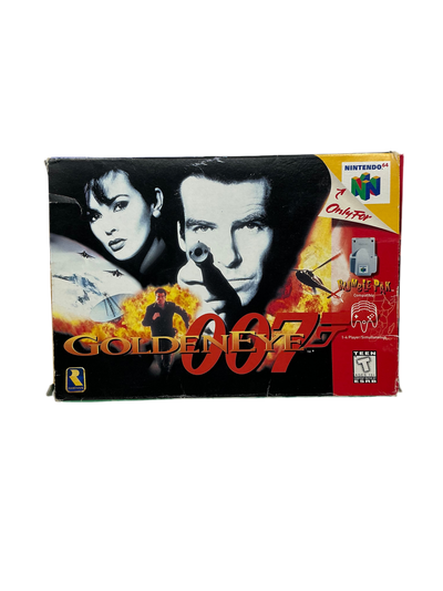 Box of 'GoldenEye' video game for Nintendo 64 with James Bond and Bond girl on the cover.