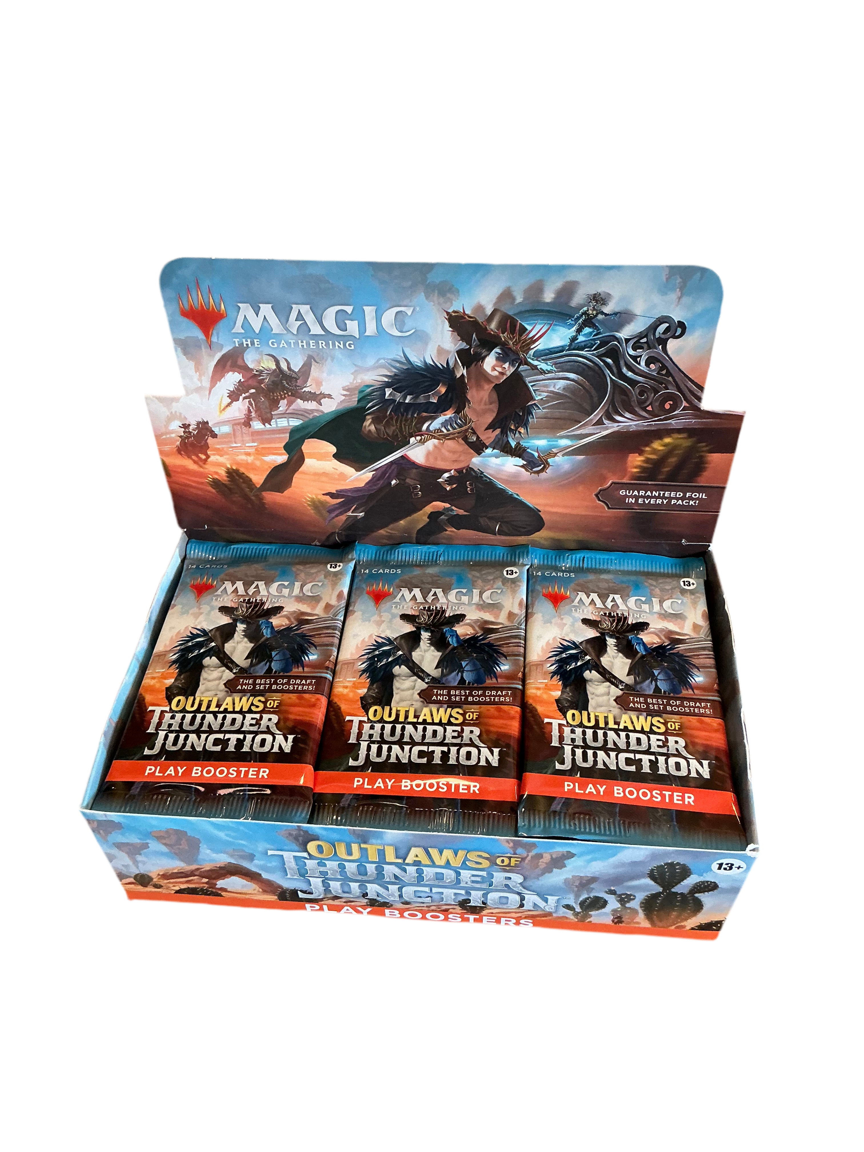 An open booster box of Magic the Gathering Outlaws of Thunder Junction full of booster packs featuring the same art.