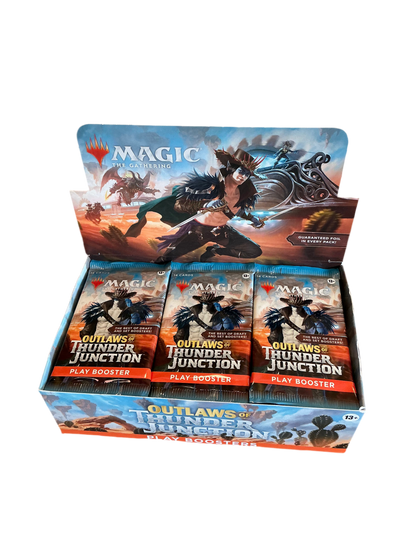 An open booster box of Magic the Gathering Outlaws of Thunder Junction full of booster packs featuring the same art.