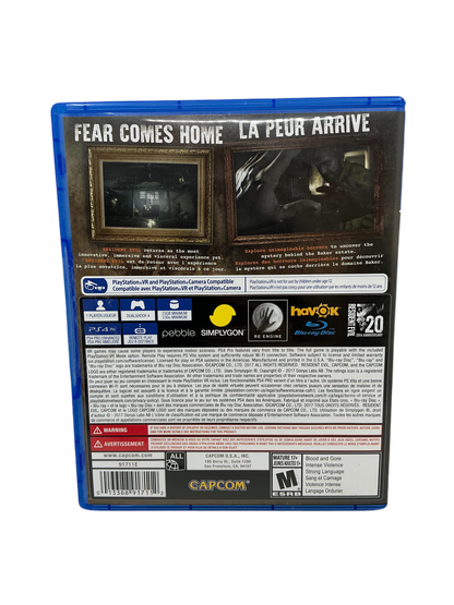 Back cover of a Resident Evil VII game case with branding and text on a white background