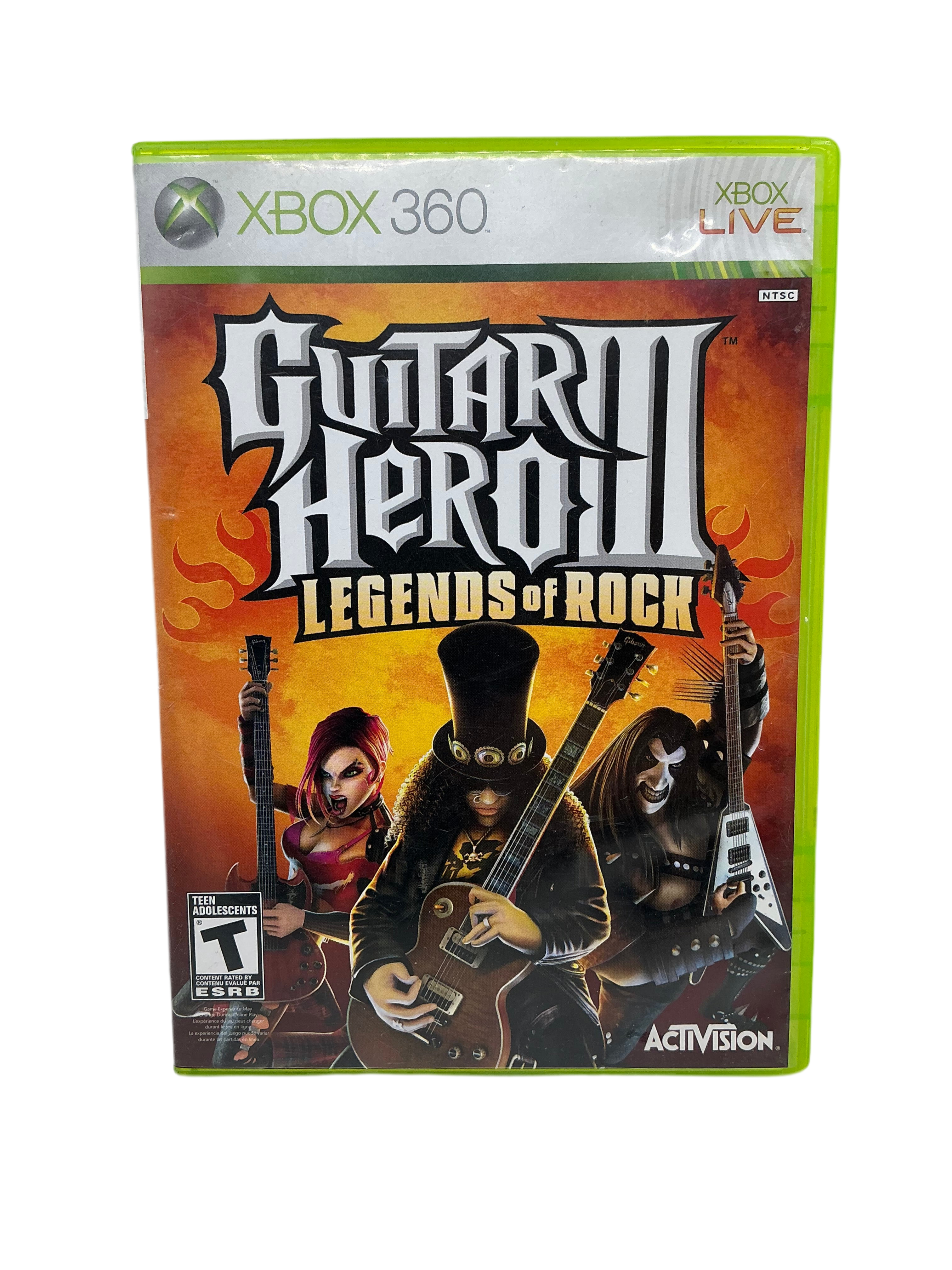 Front cover of Guitar Hero 3 Legends of Rock game case for XBox 360 on a transparent background.
