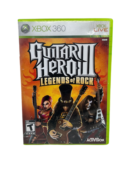 Front cover of Guitar Hero 3 Legends of Rock game case for XBox 360 on a transparent background.