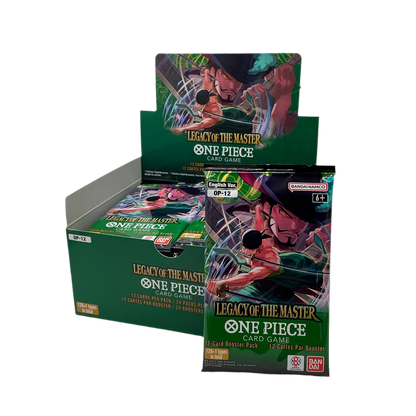 An open booster box of Bandai Namco’s One Piece: Legacy of the Master trading card packs.