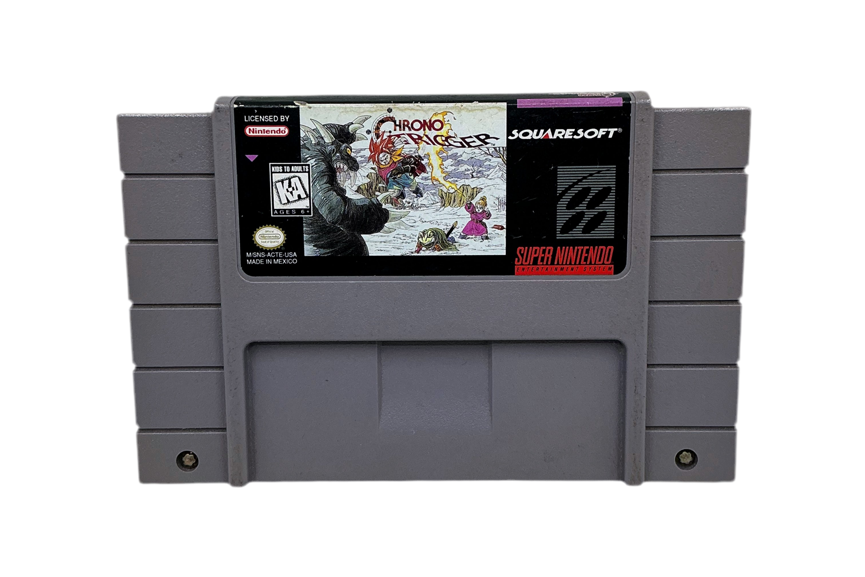 Loose cartridge for Super Nintendo’s Chrono Trigger on a transparent background.
