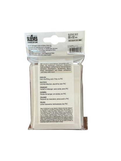 Back of packaging for Just Sleeves 50-pack of trading card sleeves.