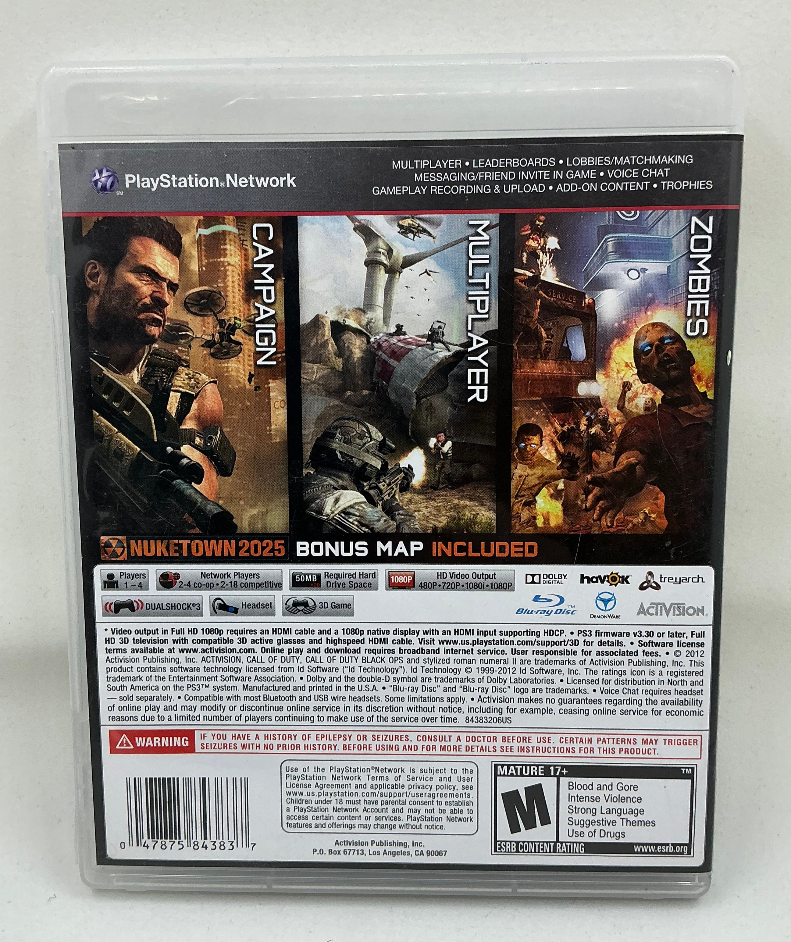 Back of Call of Duty Black Ops II video game case on a white background