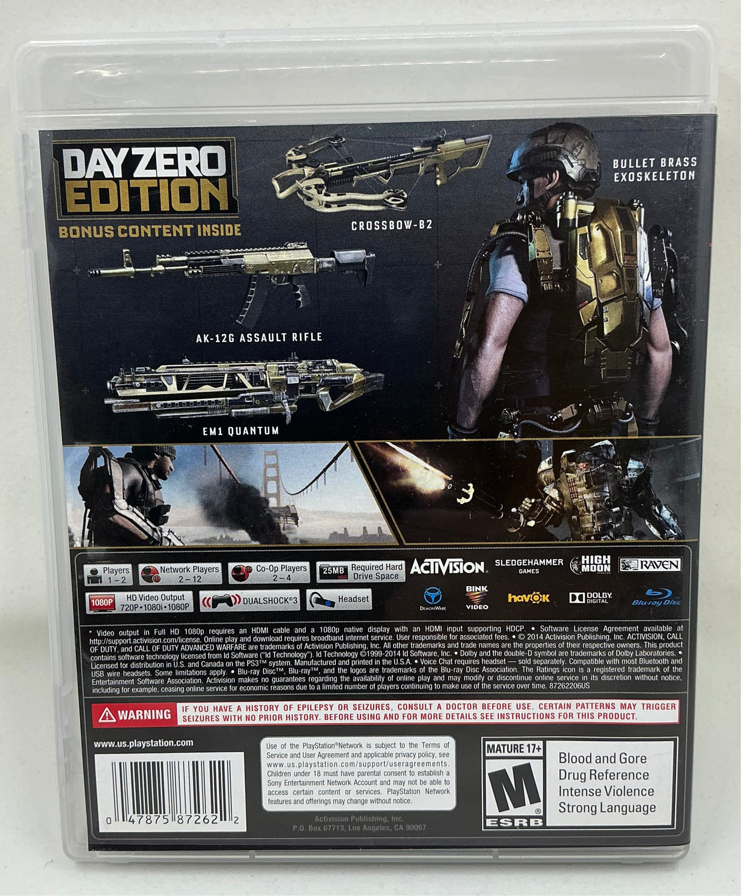Game case back cover with weapons and character illustration, featuring Activision branding.