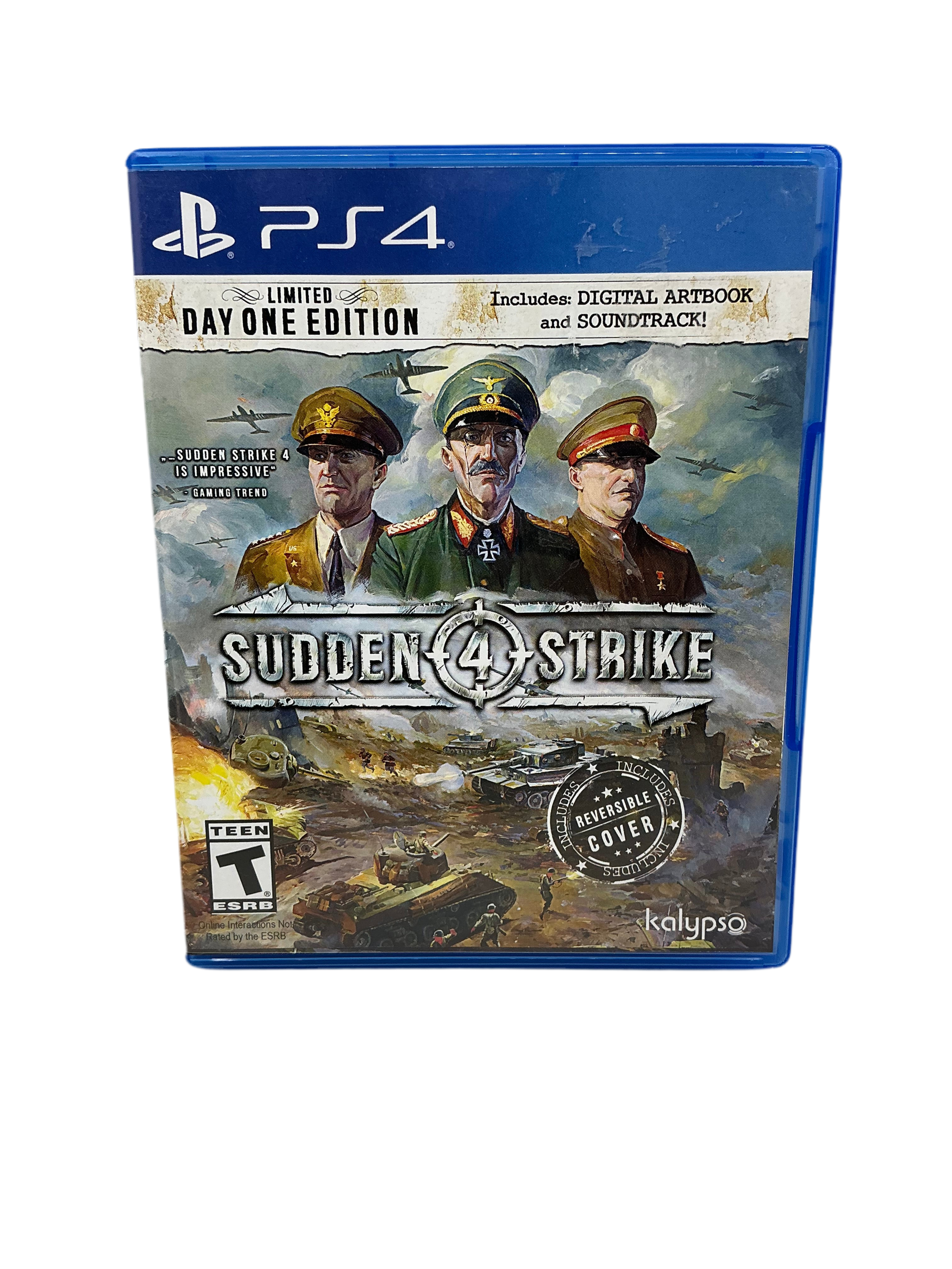 PS4 game console with 'Sudden Strike 4' packaging featuring three military figures on a blue background.