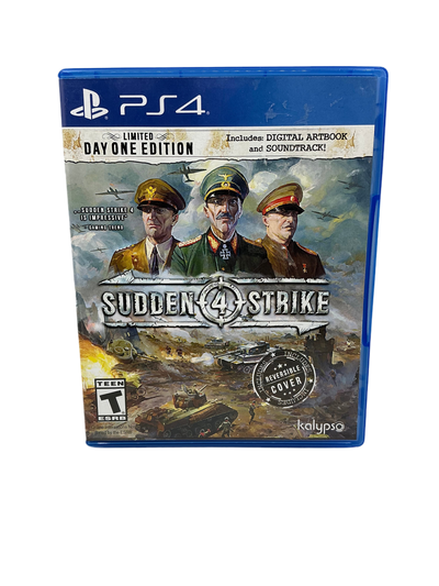 PS4 game console with 'Sudden Strike 4' packaging featuring three military figures on a blue background.